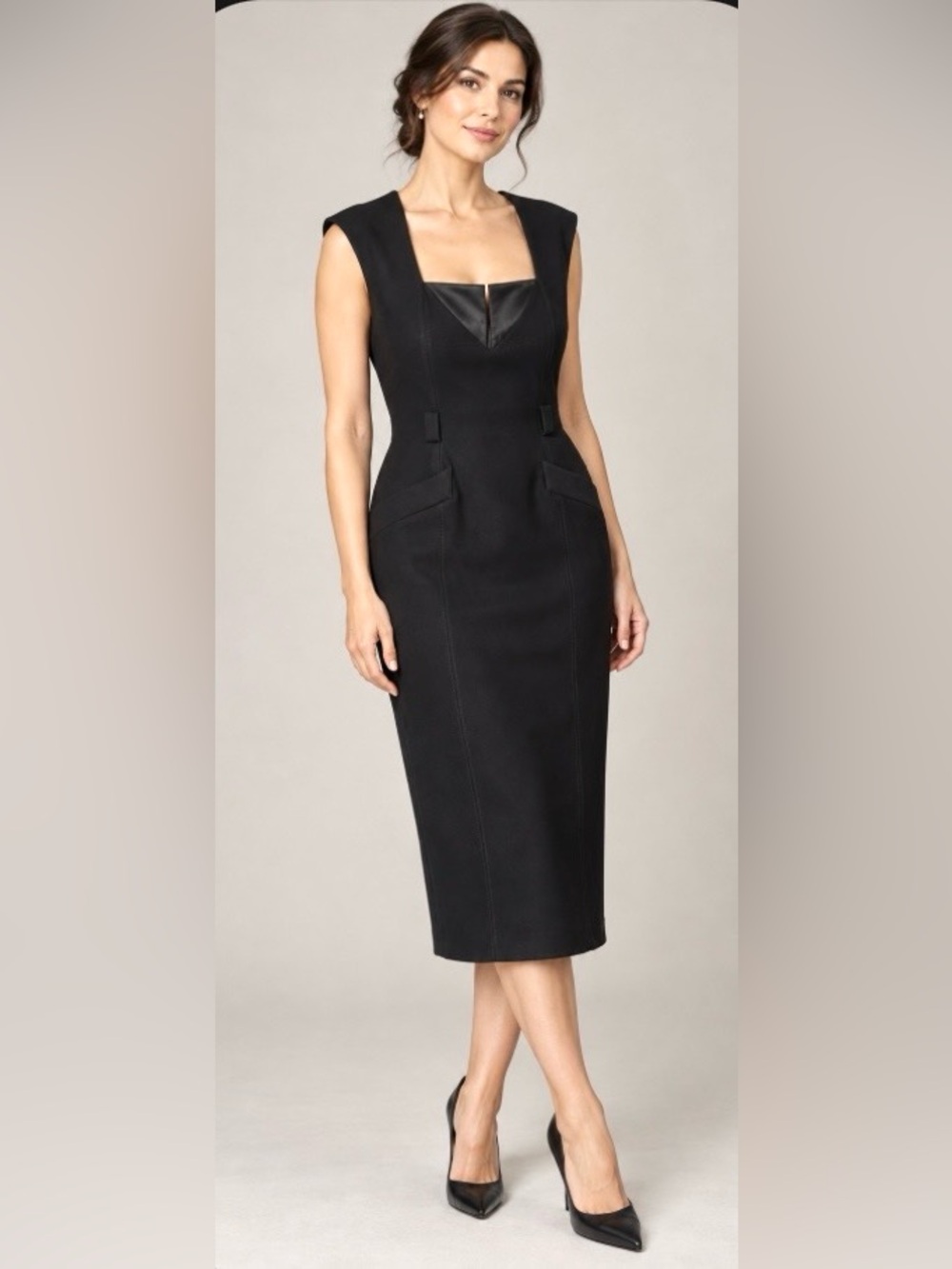 Karen Millen Black Tailored Sheath Dress with Square Leather-Trim Neckline